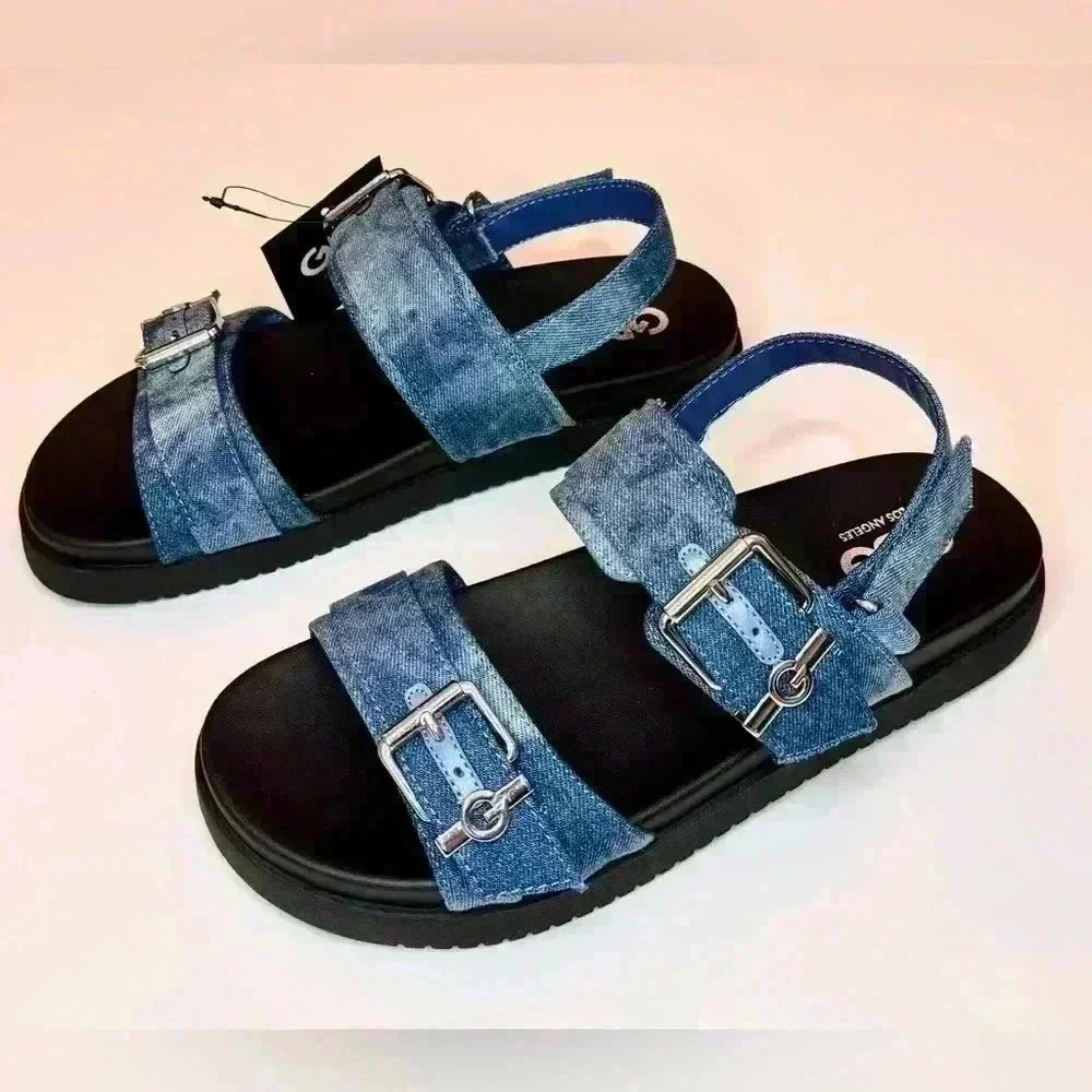 G by Guess Women’s Double Buckle Chunky Denim Sandals Size 8